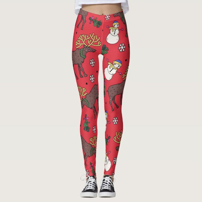 Legging Veado de Natal Festivo: Padrão de Neve (Frente)