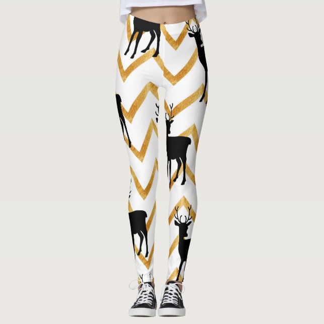 Legging Veado preto, padrão de textura dourada. (Frente)