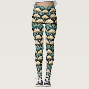 Legging Ventilador Escalado Deco De Arte Teal Escura Padrã