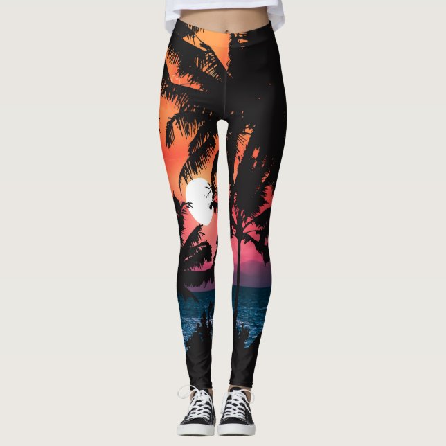 Legging Verão Tropical Cor de Rosa Laranja Palmeira Sunset (Frente)