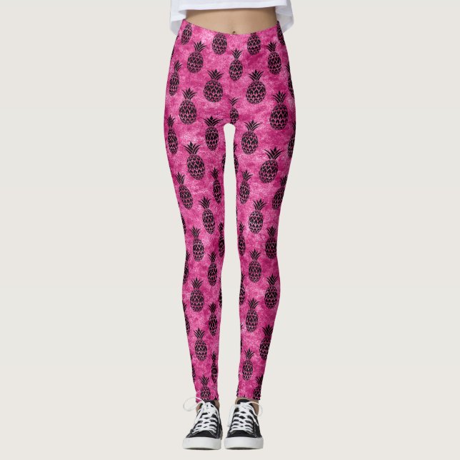 Legging Verão tropical de abacaxi-rosa e preto (Frente)