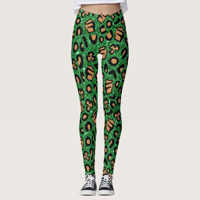 Legging Verde Brilhante Dourado Leopardo Shamrock Clover I (Frente)
