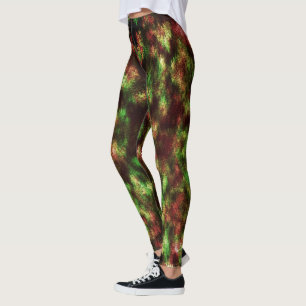 Legging Verde conservado, acastanhado vermelho com penas.