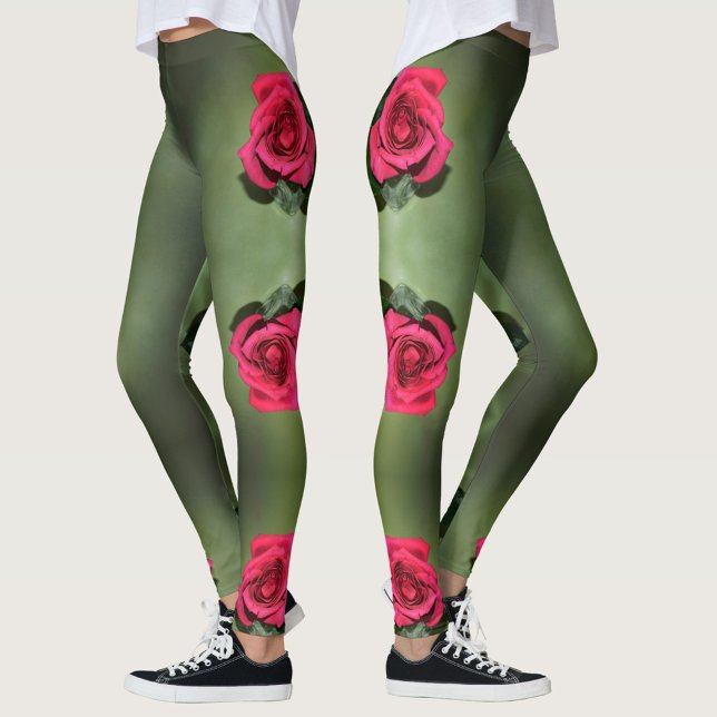 Legging Verde Floral Elegante do Rosa vermelha Clássico (Criador carregado)