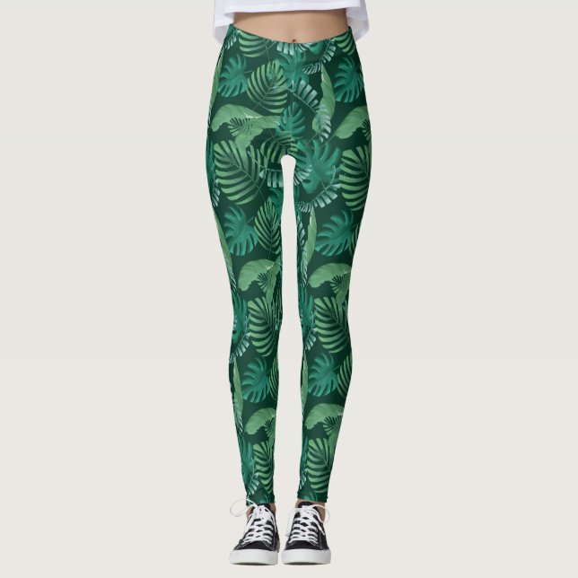 Legging Verde frondoso tropical das caneleiras do (Frente)