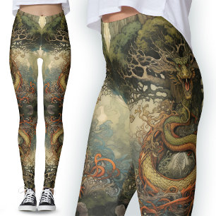 Legging Verde Laranja Natureza Árvore Chinesa Dragão