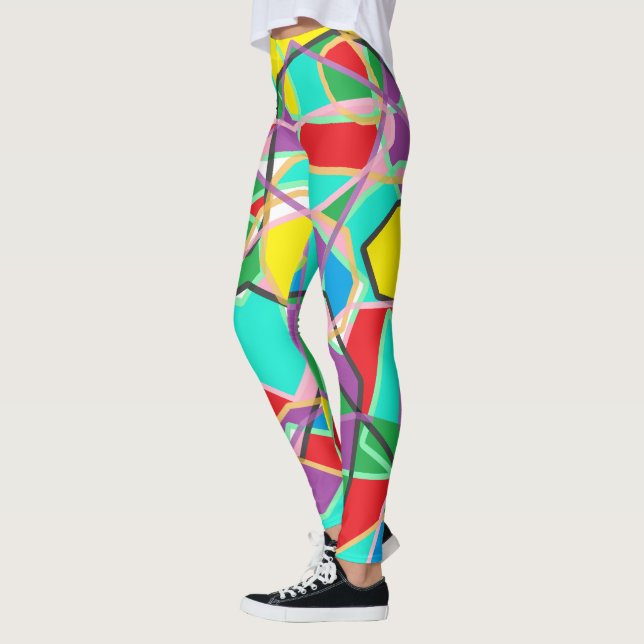 Legging Verde Lima, Vermelho, Azul Listrado Rabisco Abstra (Esquerda)
