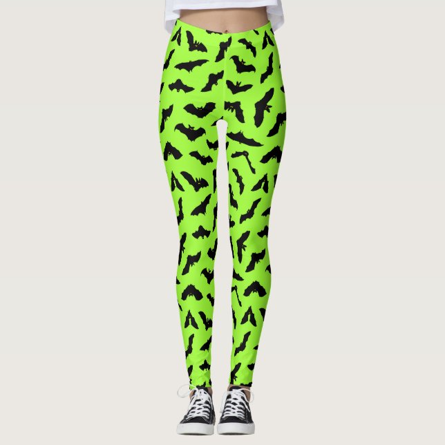 Legging Verde limão Bat Patterno Halloween (Frente)