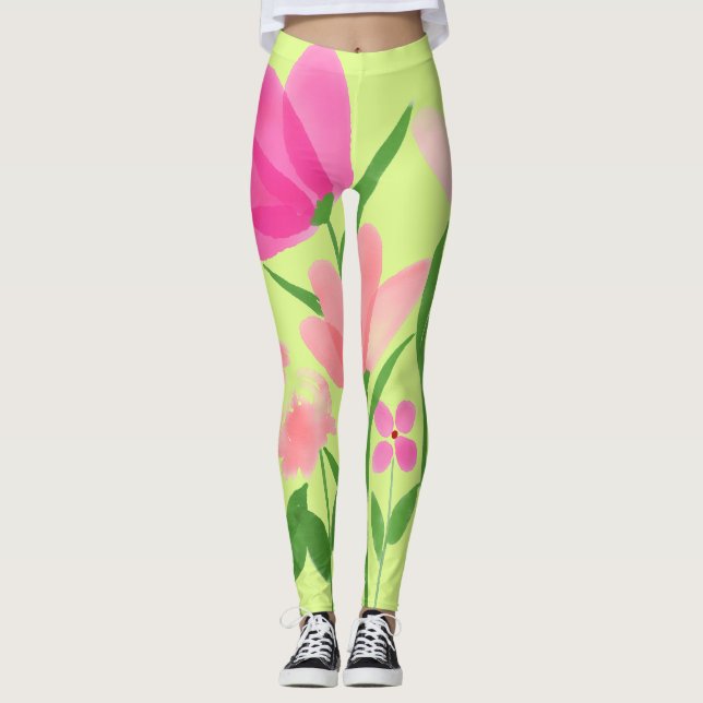 Legging Verde limão - Pernas Florais Rosa (Frente)