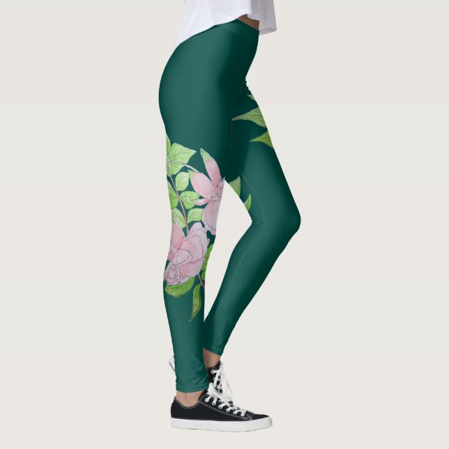 Legging verde profundo com flor cor-de-rosa grande floral (Direita)