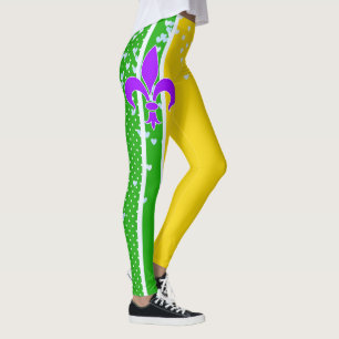 Legging Verde roxo da flor de lis do carnaval do