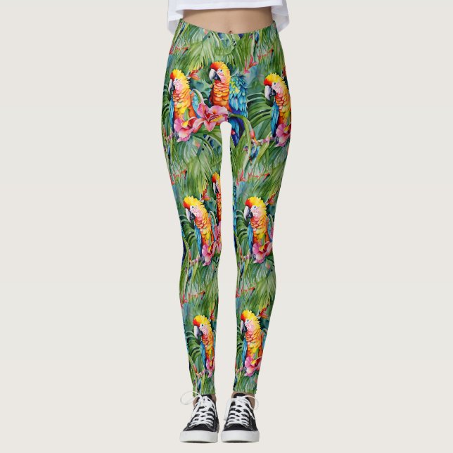 Legging Verdes, Vermelhos, Azuis e Flores Tropicais (Frente)