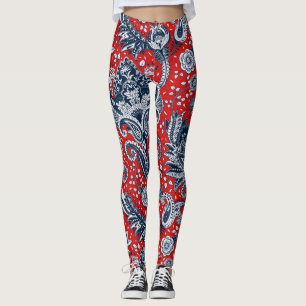 Legging Vermelho Branco & Azul Floral Paisley Boêmio Boho