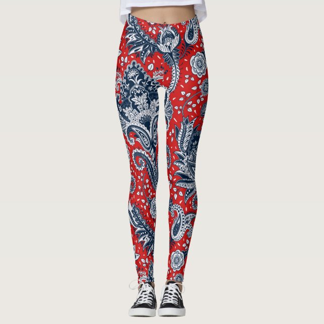 Legging Vermelho Branco e Azul Floral Paisley Bohemian Boh (Frente)