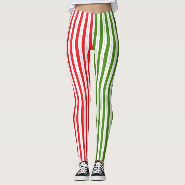 Legging Vermelho de Feriado & Listra de Doces Verde de Elf (Frente)