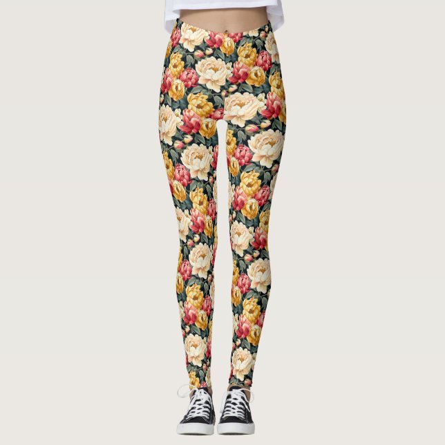 Legging Vermelho Dourado e Ivory Floral (Frente)