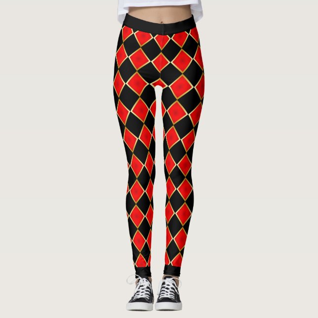 Legging Vermelho e Preto com Contorno Dourado Faux Verific (Frente)