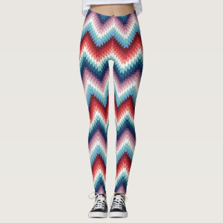 Legging Vermelho Rústico e Azul Padrão de Onda em Zigue-Za