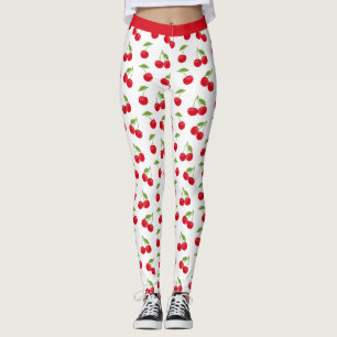 Legging Vermelho suculento cerejas vermelho e branco padrã