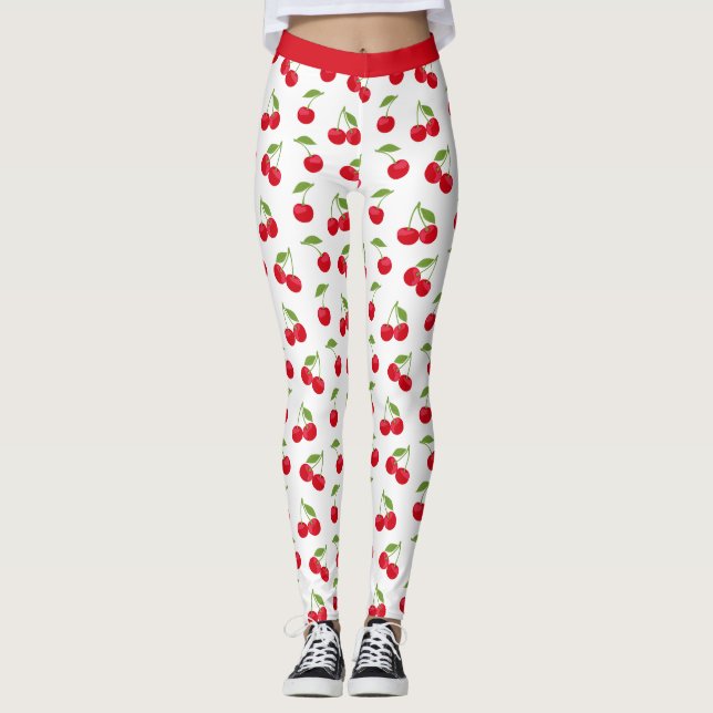 Legging Vermelho suculento cerejas vermelho e branco padrã (Frente)