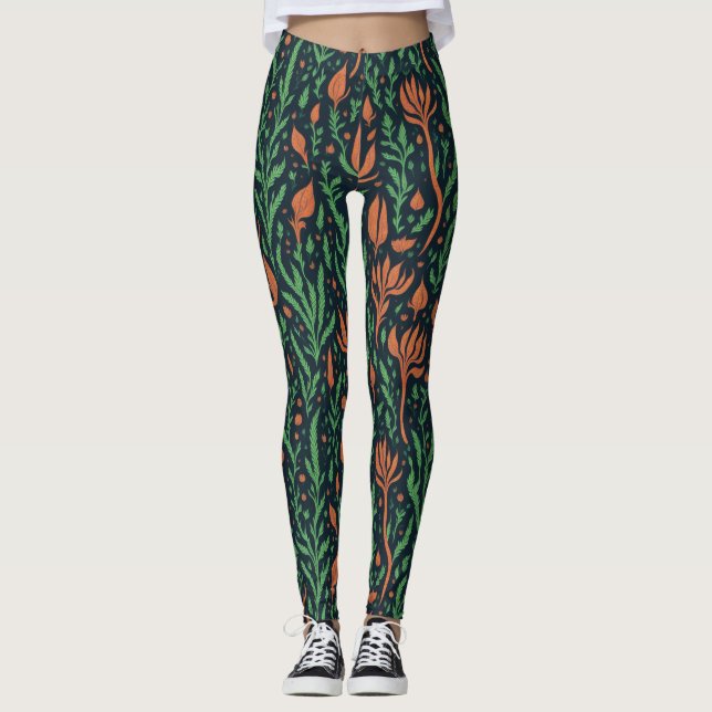 Legging Vermelhos Botânicos Modernos Deixam Padrão Floral (Frente)