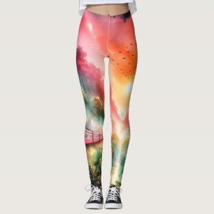 Legging Viagem de Trem Pôr-do-Sol Tropical em Aquarela