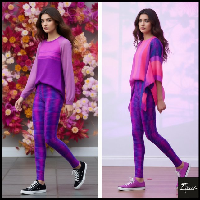 Legging Vibrant Cyber Pink Blue Glitch Plaid (Criador carregado)