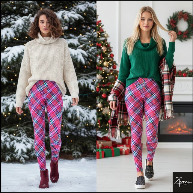 Legging Vibrant Diagonal Pink Magenta Tartan Plaid (Criador carregado)