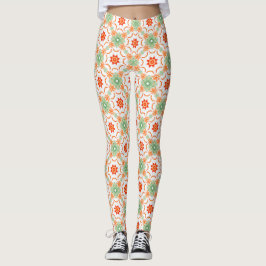 Legging Vibrant Green & Terracotta Floral Diamond Pattern