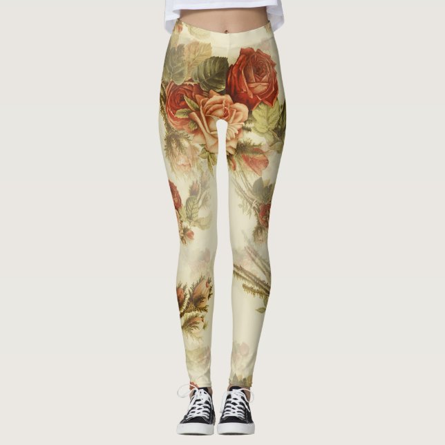 Legging Vintage Autumn Rosas Em Fundo De Creme (Frente)