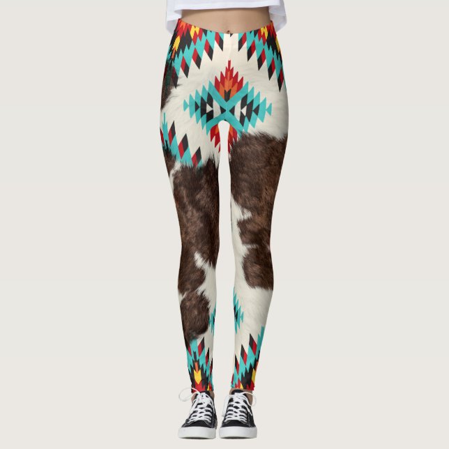 Legging Vintage Boho Southwest Cowhide Aztec Padrão (Frente)