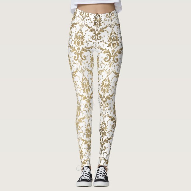 Legging Vintage, branco-preto, damasco floral (Frente)