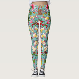 Legging Vintage China Buquê asiático rosa no azul-aqua