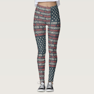 Legging Vintage Faded American Flag State Names Words Art