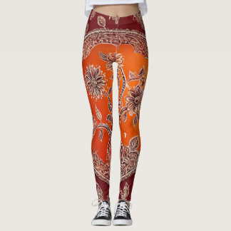 Legging Vintage Floral Orange Flame Red AI art