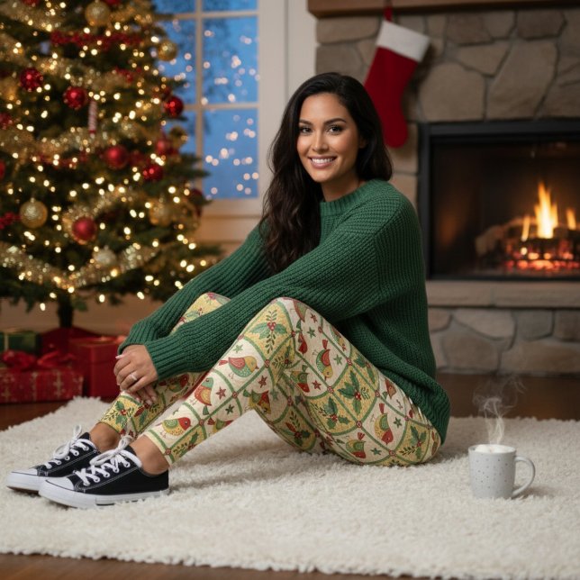 Legging Vintage Folk Art Christmas Birds & Holly Berry (Criador carregado)