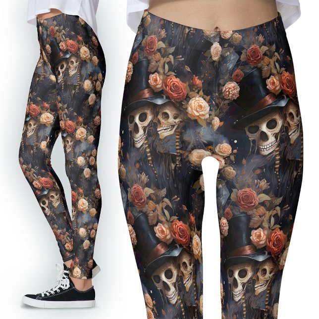 Legging Vintage Gothic Amante Floral Esqueleto Romântico (Criador carregado)