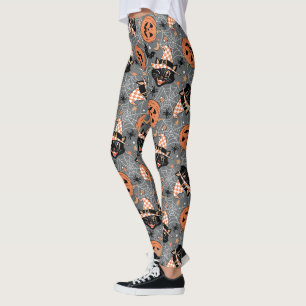 Legging Vintage Halloween Cats e Pumpkins Patterno