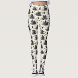 Legging Vintage Haunted House and Witch Toile Pattern (2)