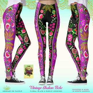 Legging Vintage Indian Boho Floral Black & Purple