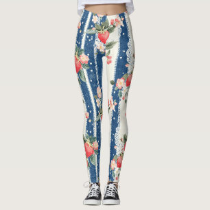 Legging Vintage Morango Azul Creme Cottagecore
