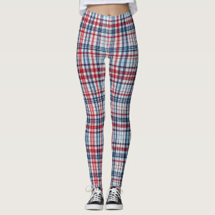 Legging Vintage, padrão xadrez vermelho branco e azul