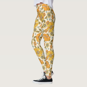Legging Vintage Retro Orange Floral Patterno