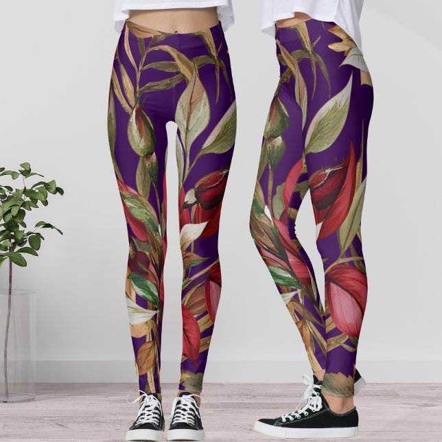 Legging Vintage Rosas Botânicos e Palm Deixa Púrpura (Criador carregado)
