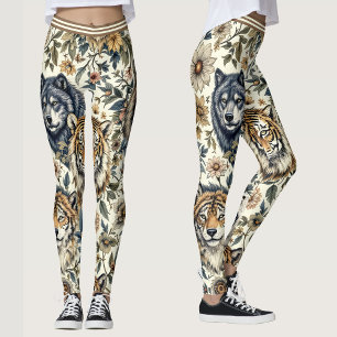 Legging Vintage Wild Animal and Floral Patterno on White