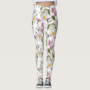 Legging Violeta rosa, margarida tropical e flores silvestr