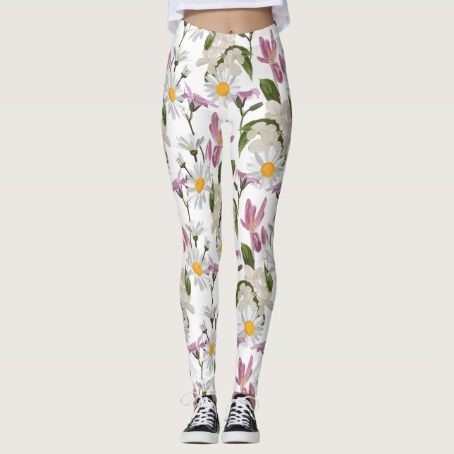 Legging Violeta rosa, margarida tropical e flores silvestr (Frente)