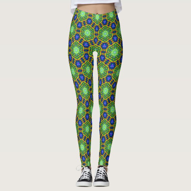 Legging Visão do Hexágono Verde Azul Geometria (Frente)