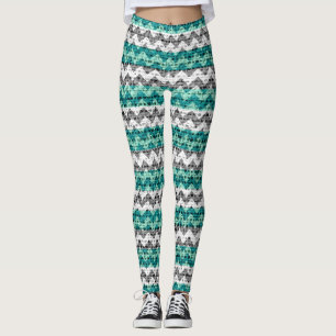 Legging Vista do Padrão de Chevon Branco da Cinza Turquesa