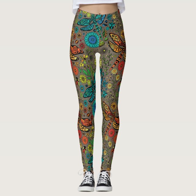 Legging Voe, voe libélula em marrom (Frente)